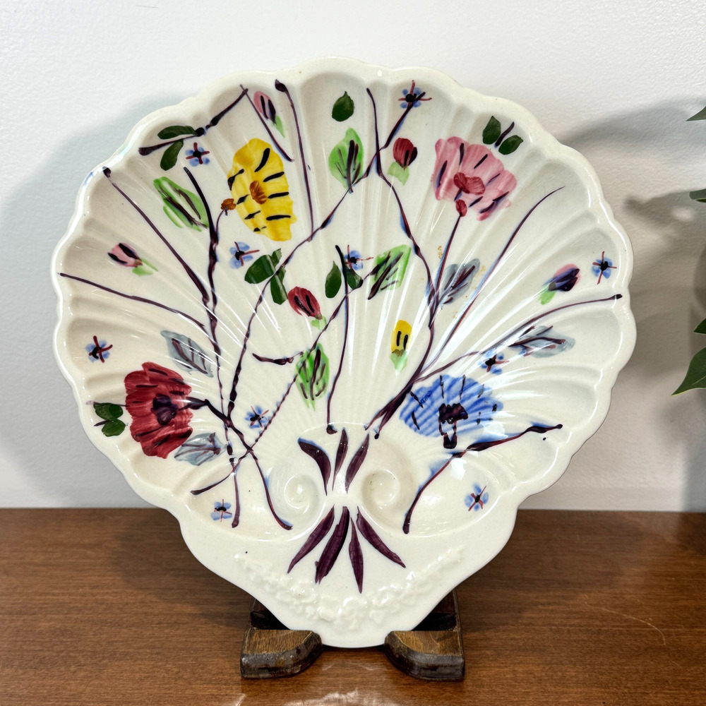 Blue Ridge Pottery Shell Relish Dish Floral Hand Painted Southern Potteries USA